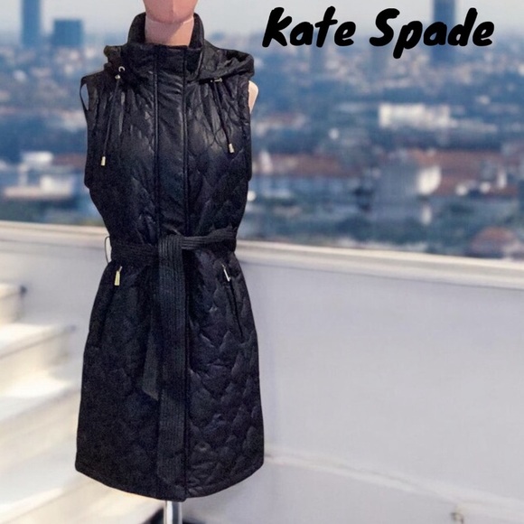 Kate Spade NWT Navy Long Quilted Hooded Puffer Jacket Vest Belted Waist Small - Picture 1 of 12